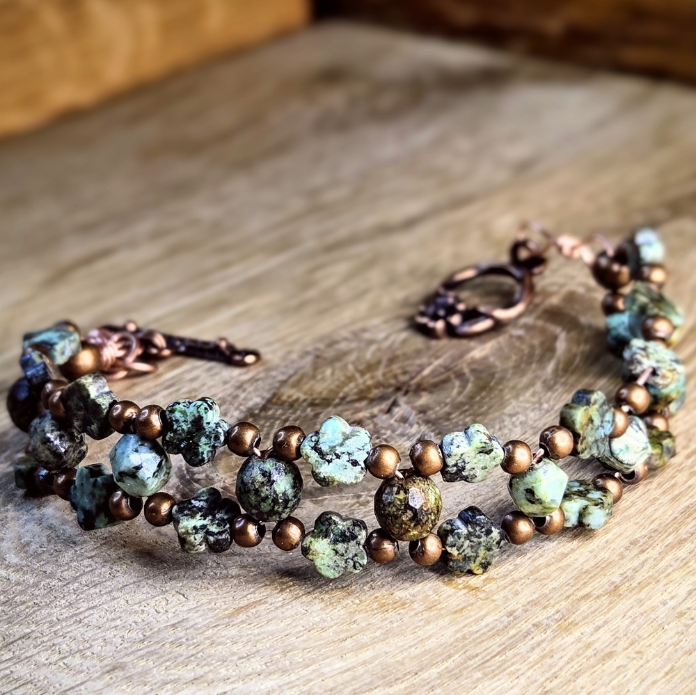 Serengeti Relic African Turquoise In Handwoven Artisinal Antique Copper Bracelet